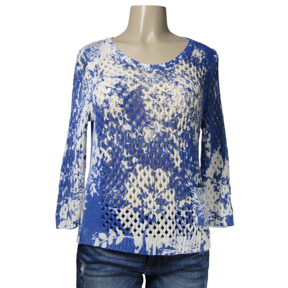 CHICOS Zenergy Open Knit Beach Coastal Grandma Floral Sweater Pullover Top 1 M - Picture 1 of 10